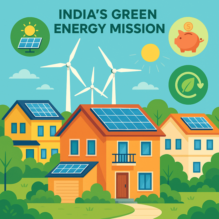 Visual showing rooftop solar goals and clean energy mission in India