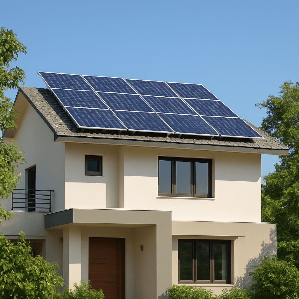 Indian house with rooftop solar panels under sunny sky