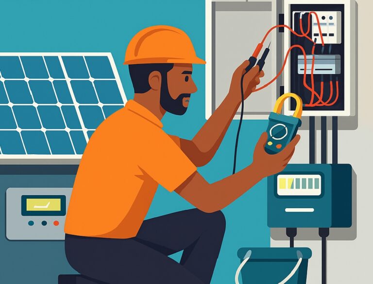 Solar technician inspecting wires and inverter for maintenance
