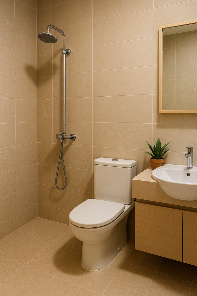 Indian bathroom with water-saving showerhead and dual-flush toilet)