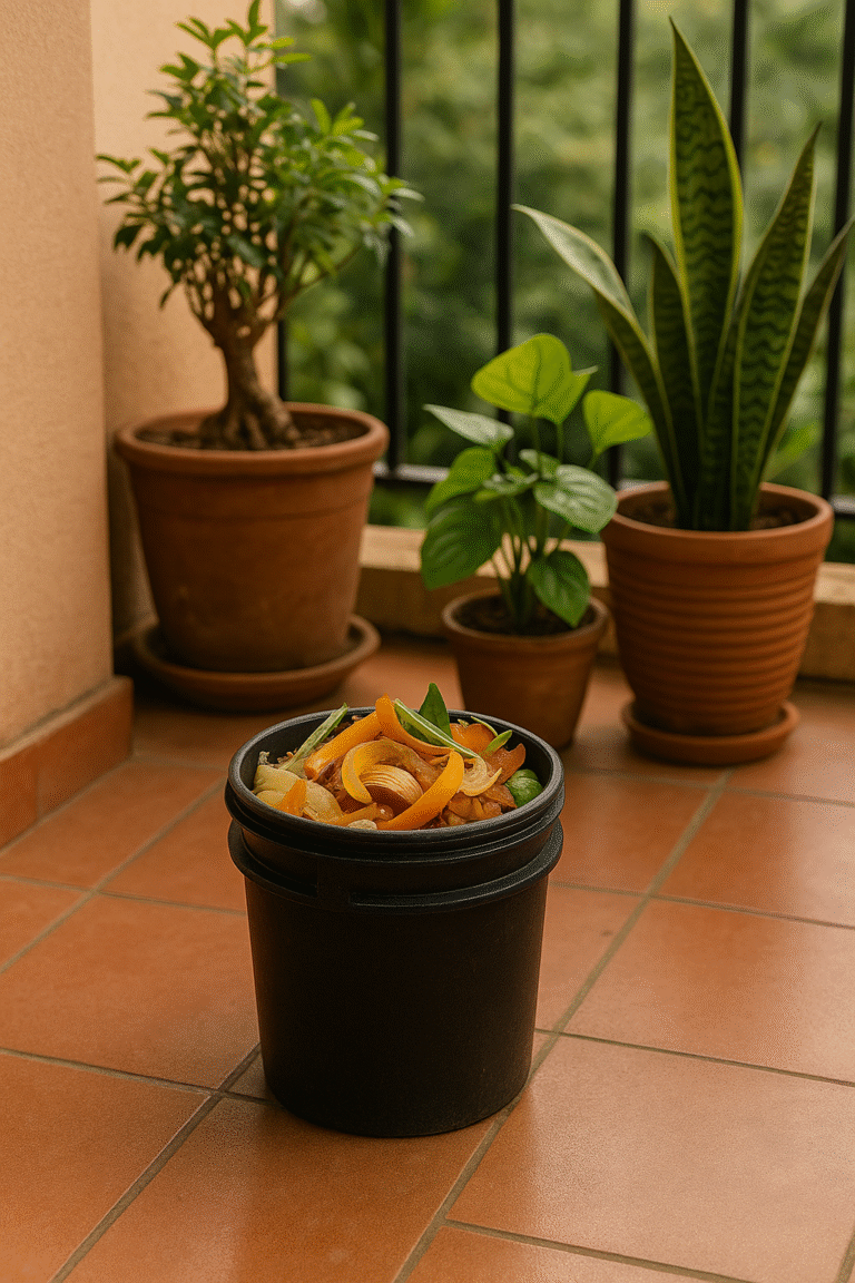 Small compost setup on Indian balcony using kitchen waste