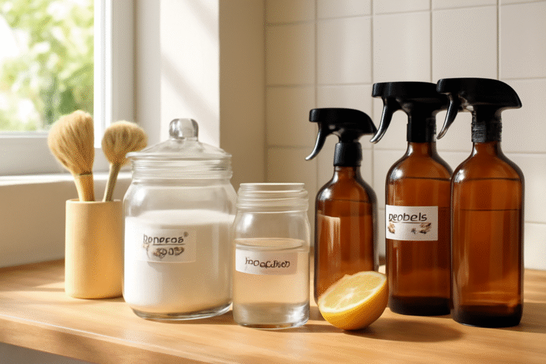 Natural cleaning products like vinegar, baking soda, and lemon in reusable containers for a plastic-free home