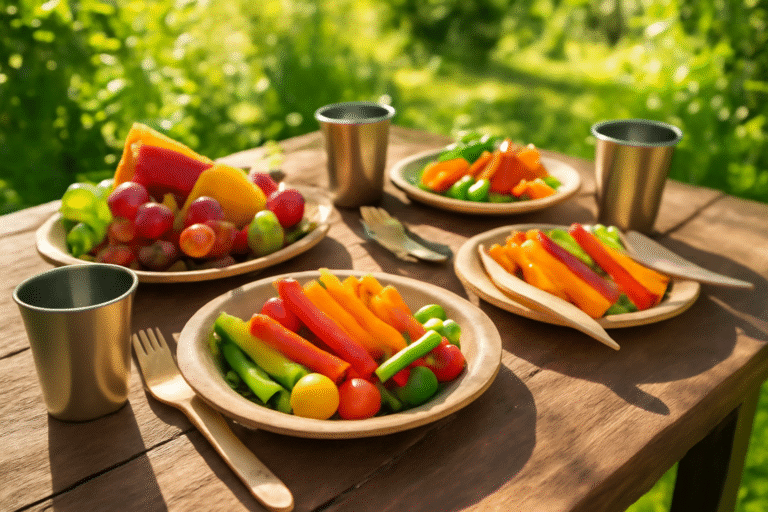 Reusable bamboo plates, steel cups, and wooden cutlery for an eco-friendly zero-waste party