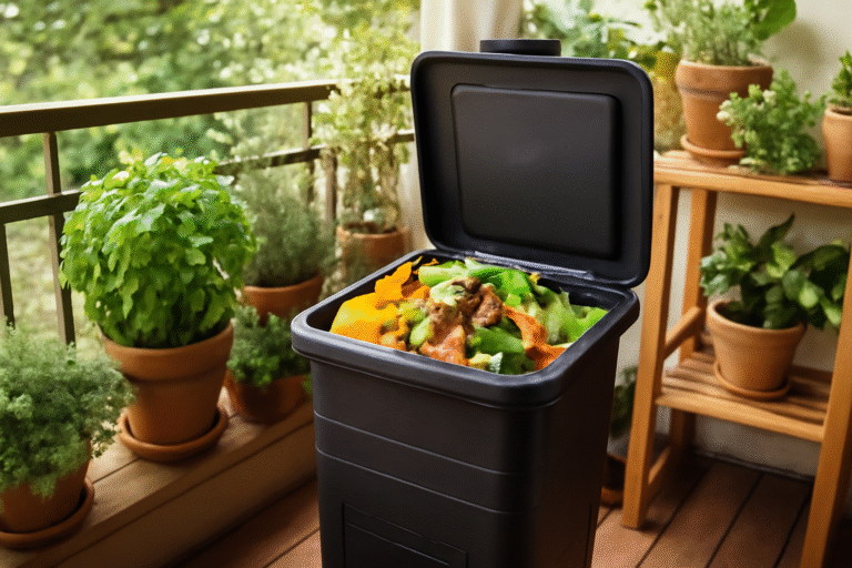 Eco-friendly home composting with kitchen waste in a balcony compost bin